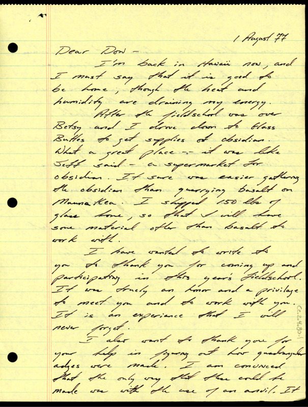 Letter from Paul Cleghorn to Don Crabtree thanking him for coming up to this year's field school.