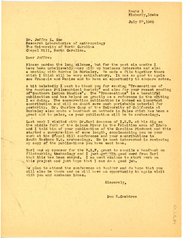 Letter from Don Crabtree to Joffre L Coe thanking him for sending copies of "Transactions of the American Philosophical Society" and "Southern Indian Studies".