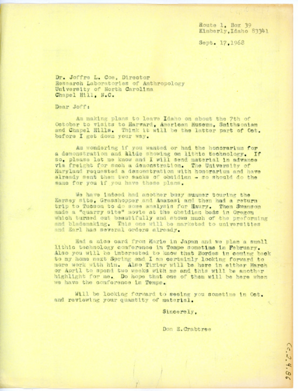 Letter from Don Crabtree to Joffre L Coe regarding plans to visit Harvard, the American Museum, the Smithsonian, and Chapel Hill.