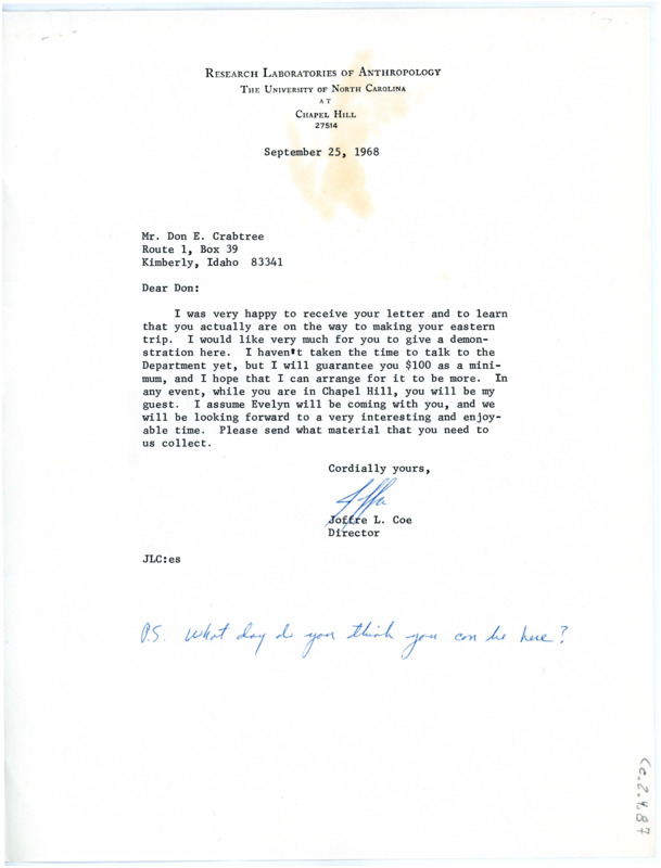 Letter from Joffre L Coe to Don Crabtree regarding visiting Chapel Hill.