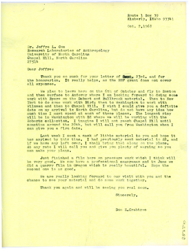 Letter from Don Crabtree to Joffre L Coe regarding the plan to hold a demonstration at Chapel Hill.