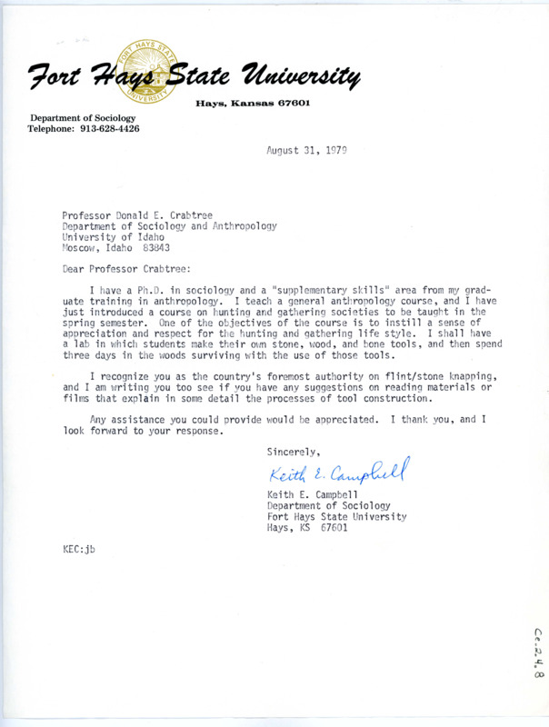 Letter from Keith E Campbell to Don Crabtree regarding suggestions on reading materials for an anthropology course.