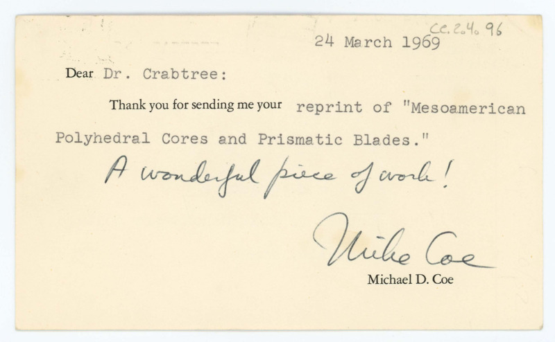 Letter from Michael D Coe to Don Crabtree regarding sending a copy of "Mesoamerican Polyhedral Cores and Prismatic Blades".