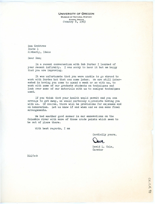 Letter from David L Cole to Don Crabtree regarding Crabtree's health.