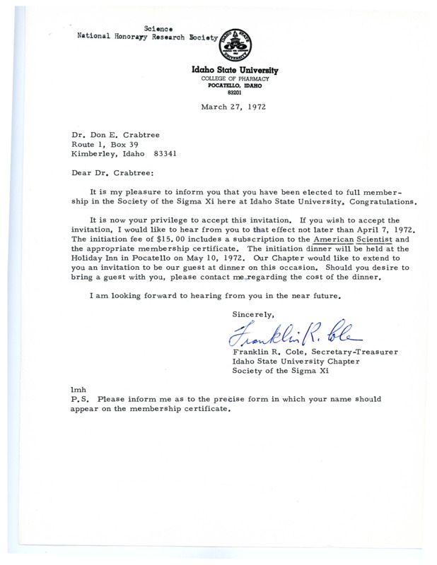 Letter from Franklin Cole to Don Crabtree regarding his election to full membership in the Society of the Sigma Xi.