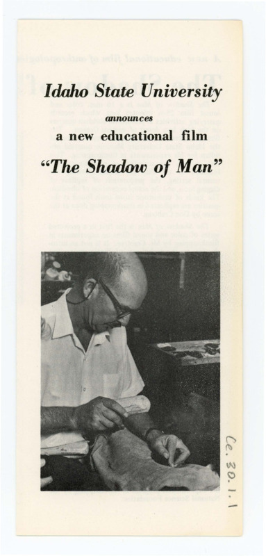 Pamphlet announcing the educational film, "The Shadow of Man," featuring Donald Crabtree. The pamphlet includes a description of the film and its production details.