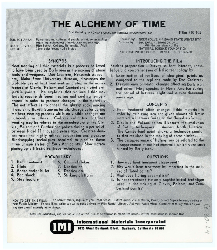 Guide for the film "The Alchemy of Time," featuring Donald Crabtree. This guide includes a synopsis, vocabulary words, student preparation, concepts, and questions.