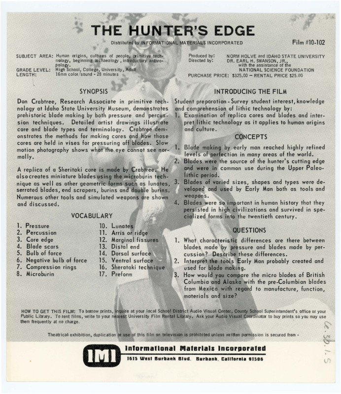 Guide for the film "The Hunter's Edge," featuring Donald Crabtree. This guide includes a synopsis, vocabulary words, student preparation, concepts, and questions.