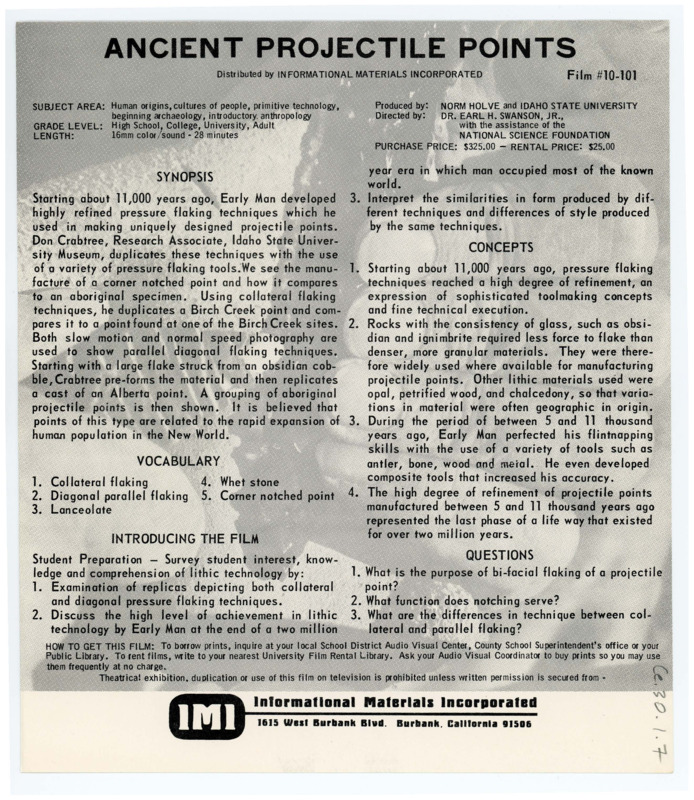 Guide for the film "Ancient Projectile Points," featuring Donald Crabtree. This guide includes a synopsis, vocabulary words, student preparation, concepts, and questions.