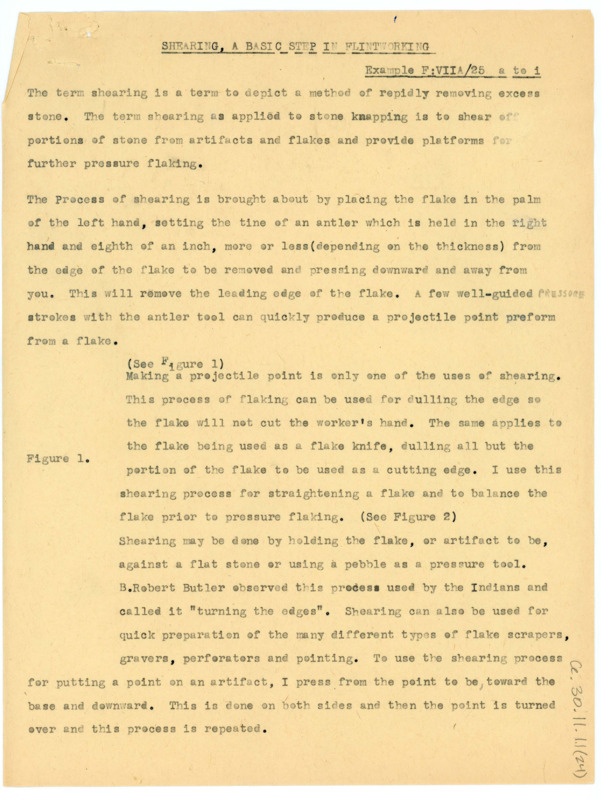 Document detailing various steps in flintknapping including shearing, right angle edge flaking, edge preparation and sharpening, alternating flakes, etc.