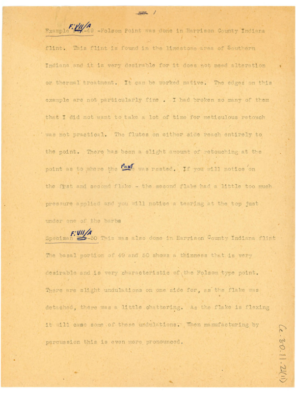 Document describing different flintknapping examples and specimens, with handwritten notes.