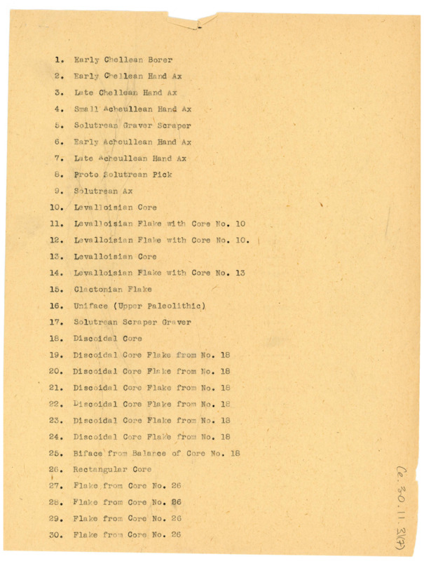 List of various specimens and stages of artifact manufacturing.