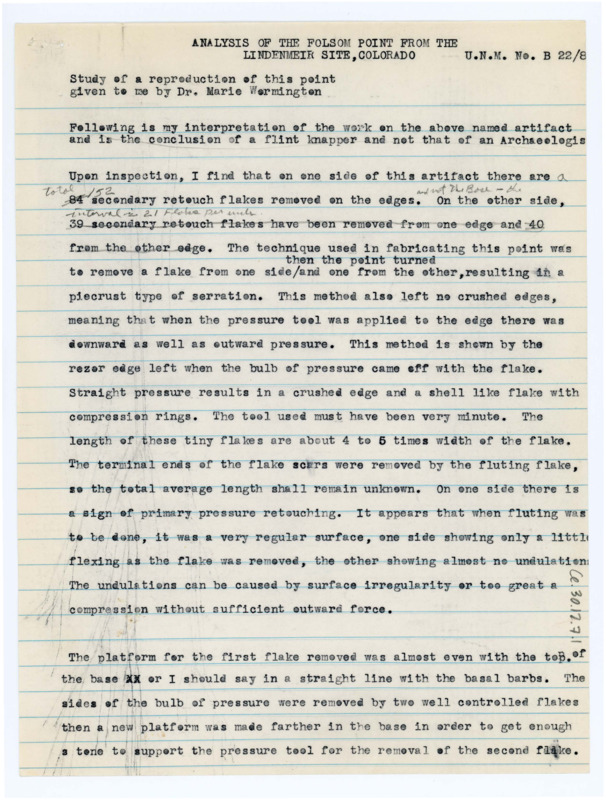 Study of a folsom point from the Lindenmeir site in Colorado. Written by a flintknapper (U.N.M. No. B 22/8).