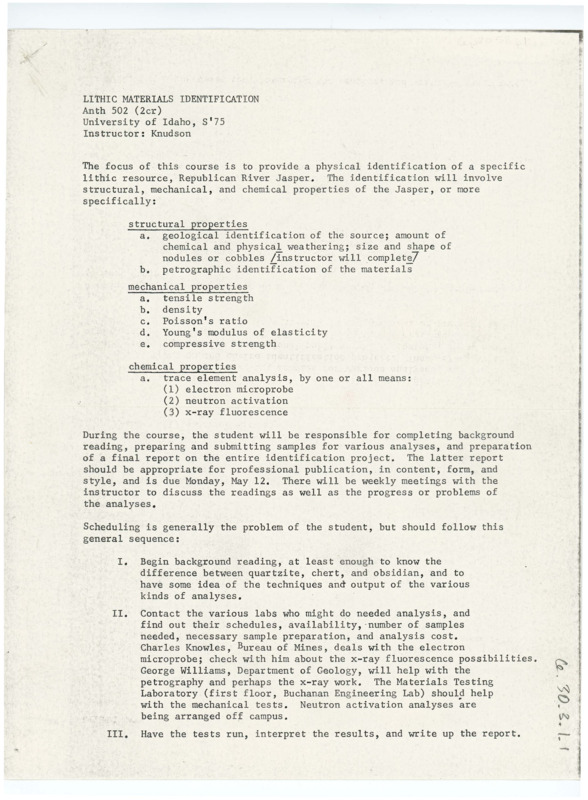 Syllabus from ANTH 502: Lithic Materials Introduction, taught by Dr. Ruthann Knudson at the University of Idaho in spring 1975.