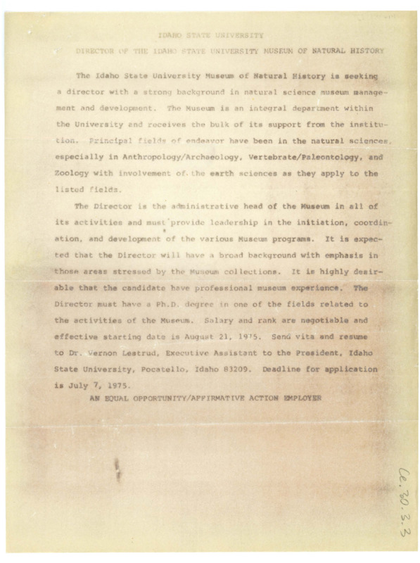 Position description for the Director of the Idaho State University Museum of Natural History, with an application deadline of July 7, 1975.