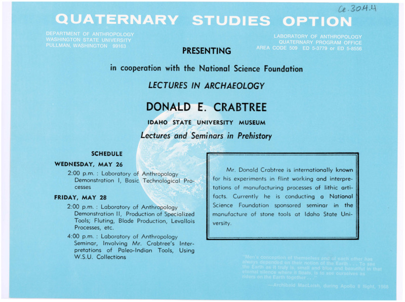 Advertisement and schedule for a lecture and demonstration by Donald Crabtree at Washington State University.