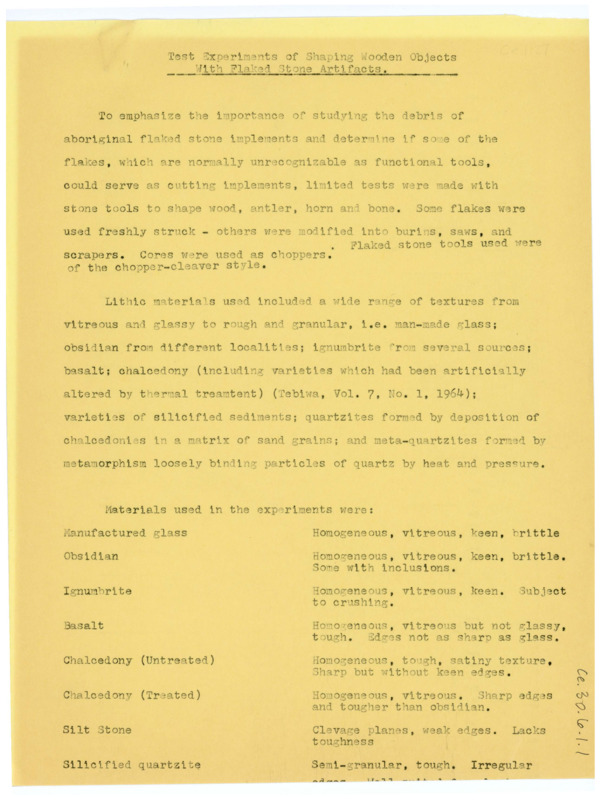 Document detailing test experiments of shaping wooden objects with flaked stone artifacts. A list of lithic materials used in the experiments is included.