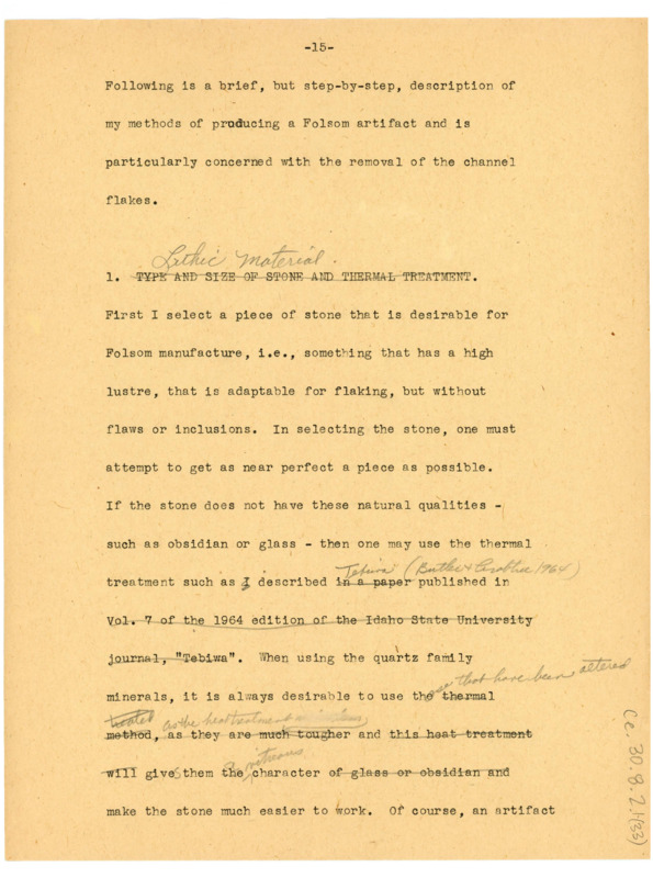 Document detailing the step-by-step methods for producing a Folsom artifact,with handwritten notes.