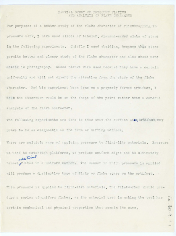 Document titled the "Partial Study of Pressure Flaking and Analysis of Flake Character," with handwritten notes.