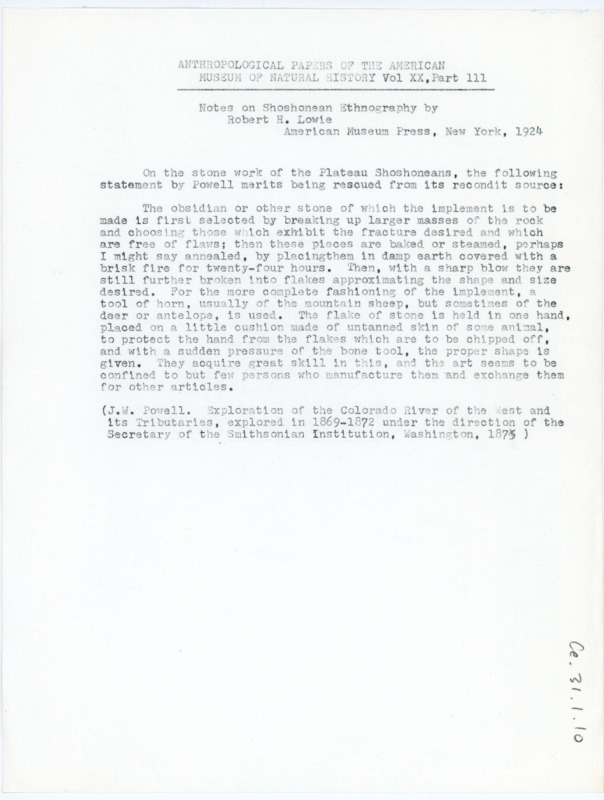 Portion of "Notes on Shoshonean Ethnography" by Robert H. Lowie, published in volume 20, issue 3 of Anthropological Papers of the American Museum of Natural History in 1924. The complete paper is available online from the American Museum of Natural History: http://hdl.handle.net/2246/173