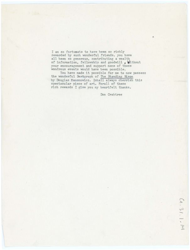 Thank you note from Donald Crabtree to his friends, who in his words, "made it possible...to now possess the wonderful Serigraph of 'The Standing Bison' by Douglas Mazonowicz."