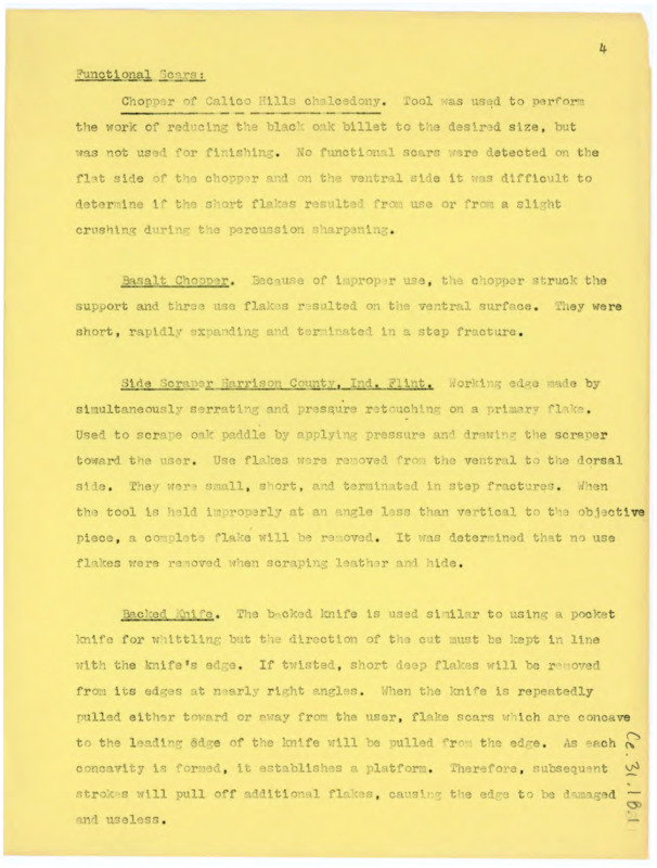 Document details the functional scars that were detected after using various flintknapping tools.