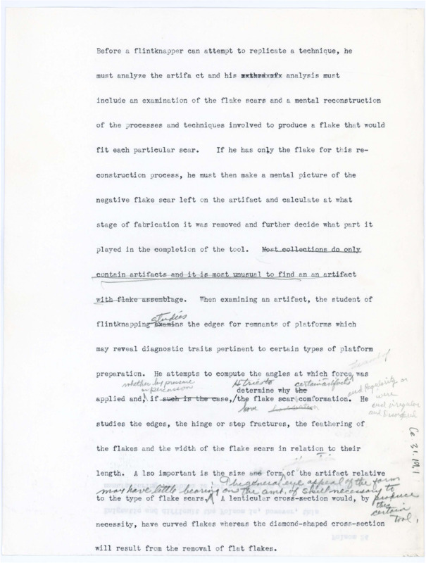 Document offering guidance for replicating flintknapping techniques, with handwritten notes. Associated with item number ce_b31_f13-item1.