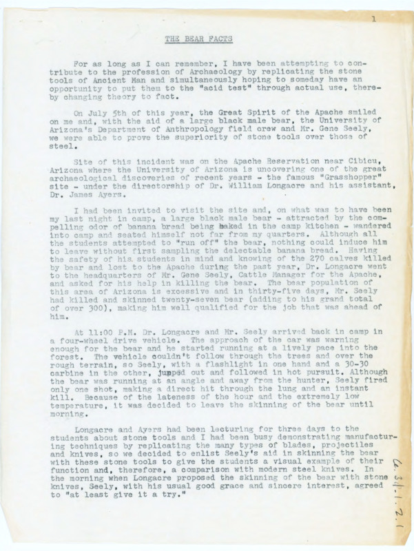 Document detailing Donald Crabtree's experiment comparing stone tools to steel. Assistance was provided by the University of Arizona's Department of Anthropology field crew and Mr. Gene Seely.