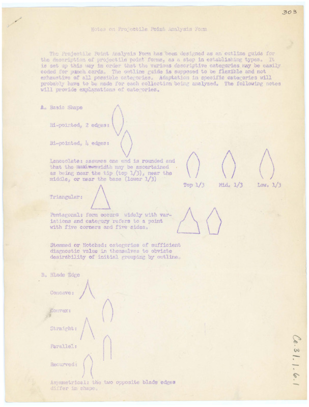 "Notes on Projectile Point Analysis Form," created by the University of Washington Laboratory of Anthropology.