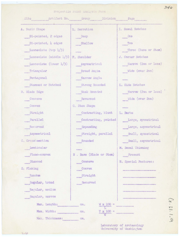 Projectile Point Analysis Form. Includes space to record details about projectile points, including basic shape, blade edge, cross-section, flaking, etc. Created by the University of Washington Laboratory of Anthropology.