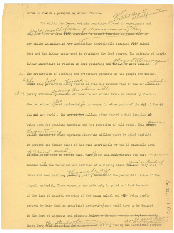 Draft of "Notes on Flakes, prompted by Norman Tindale," with handwritten notes. Associated with item number ce_b31_f12-item1.