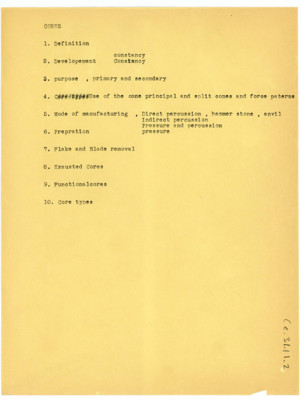 Document that appears to be an outline of discussion points related to cores, including definition, development, primary and secondary purpose, etc.