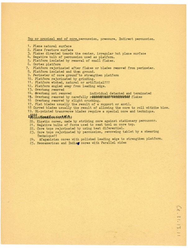 Document titled "Top or proximal end of core, percussion, pressure, indirect percussion." Includes a numbered list of 25 items.