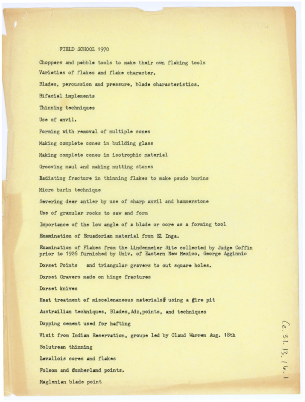 Document appears to be a list of activities and examples for a 1970 field school.