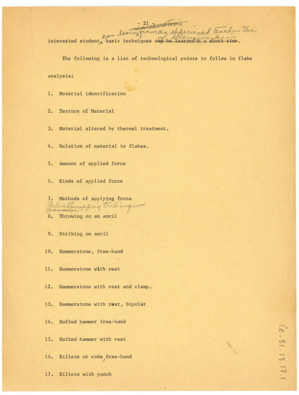 List of 88 technological points for flake analysis, with handwritten notes.