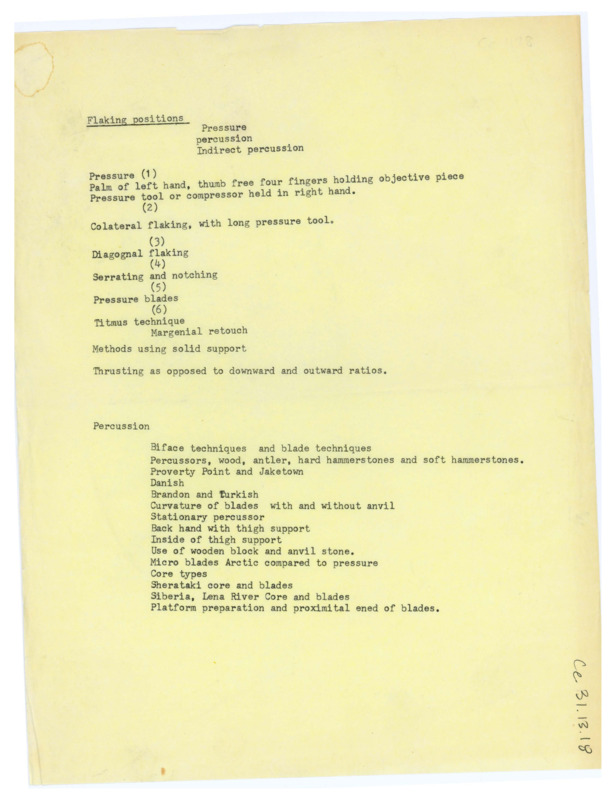 Document titled "Flaking positions: Pressure, percussion, indirect percussion."