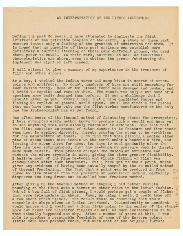 A paper summarizing experiences treating flint and other stone. Associated with item number: ce_b35_f61-item1.
