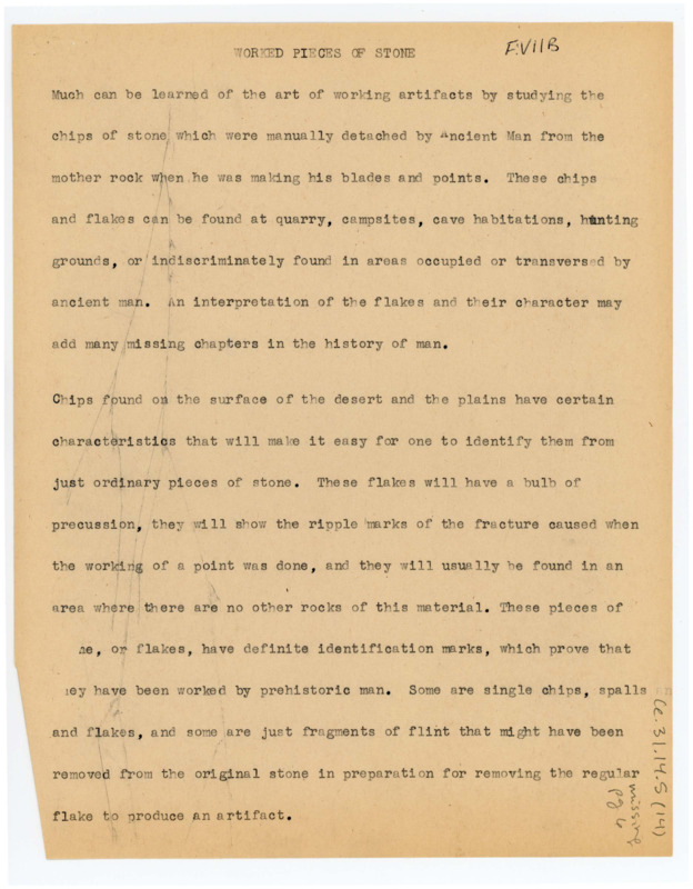 A paper about learning from the chips and flakes detached when making blades and points, with handwritten notes. Missing page 6. Associated with item number: ce_b31_f9-item1.