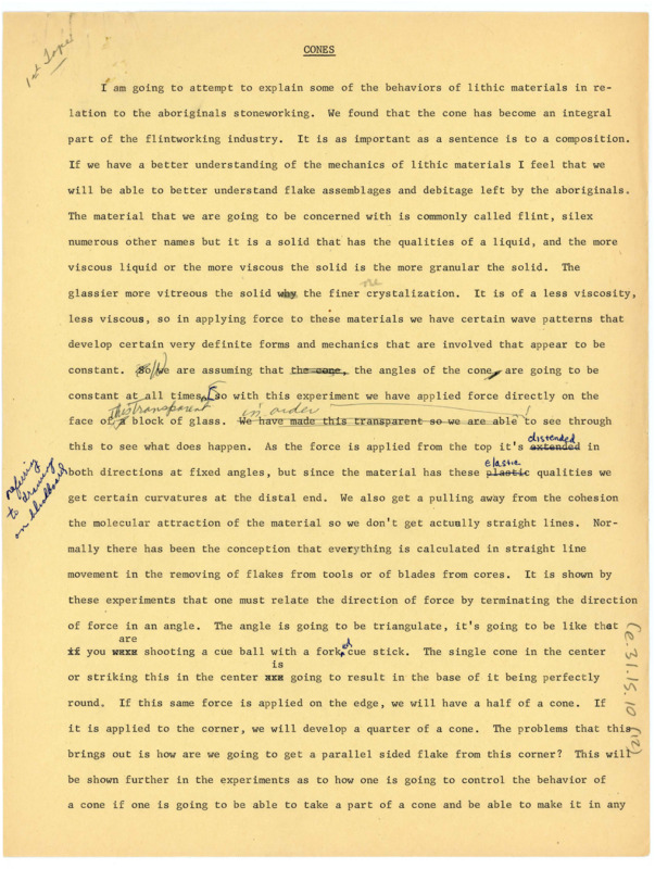 A paper explaining the behaviors of lithic materials in Indigenous flintknapping, with handwritten notes throughout. Related to item number: ce_b31_f15-item9.