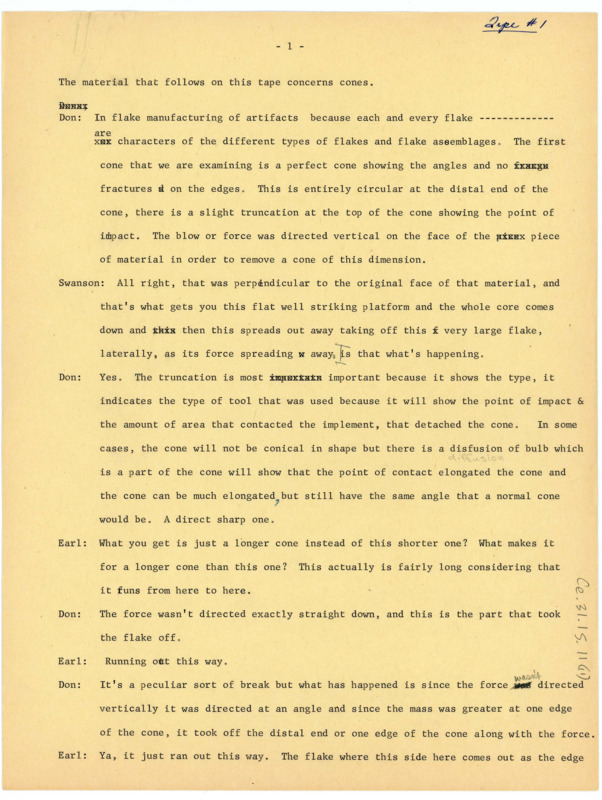 Transcript of a conversation between Donald Crabtree and Earl Swanson on cones (tape 1), with handwritten notes.