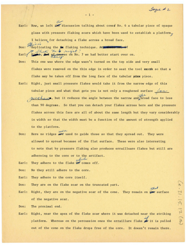 Transcript of a conversation between Donald Crabtree and Earl Swanson on cones (tape 2), with handwritten notes.