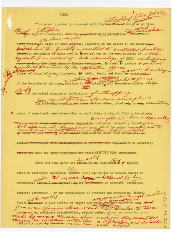 A brief paper that focuses on the relationship of lithic technology and the cone in isotrophic materials, with handwritten notes throughout.
