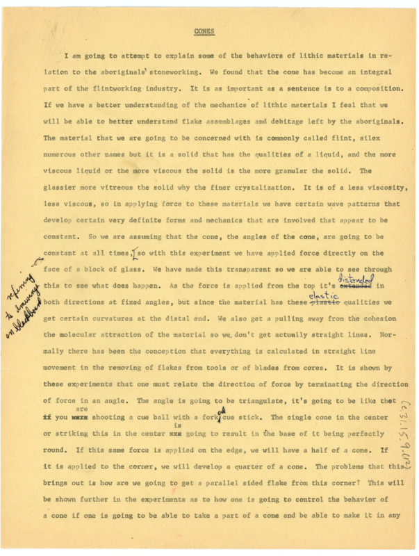 A paper explaining the behaviors of lithic materials in Indigenous flintknapping, with handwritten notes throughout. Related to item number: ce_b31_f15-item10.