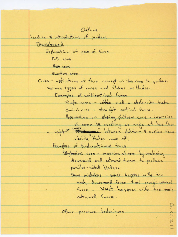 A brief handwritten outline for discussing cones, cores, and force.