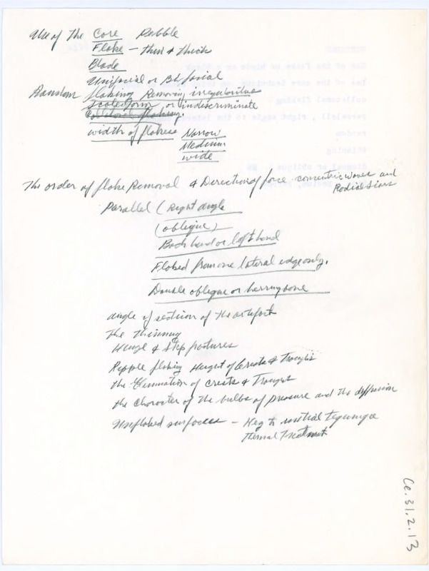 Handwritten and typed notes related to cores, flaking, direction of force, and pressure.