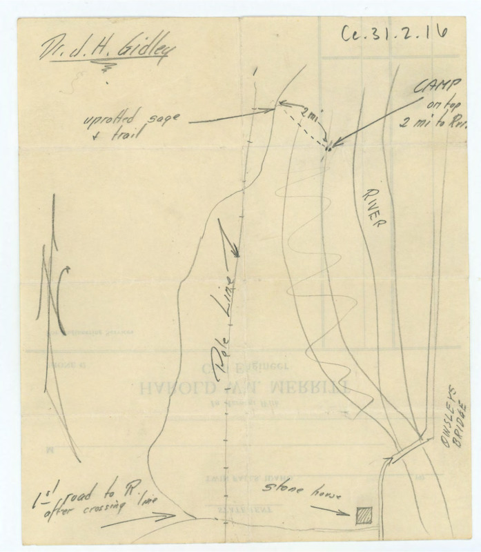 Drawing of a map, with the name "Dr. J. H. Gidley" appearing at the top.