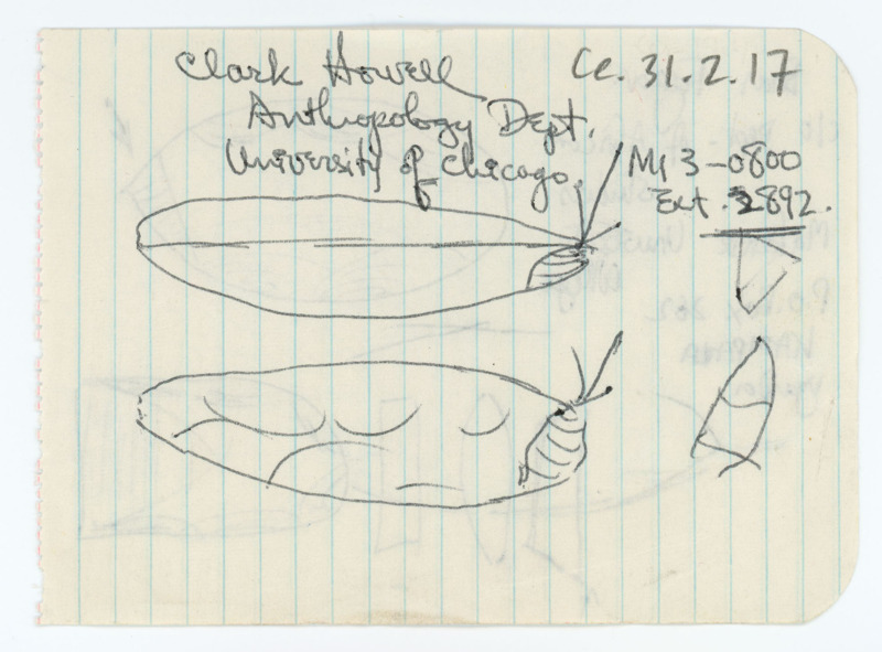 Drawing of a lithic artifact, with the name "Clark Howell" at the top.