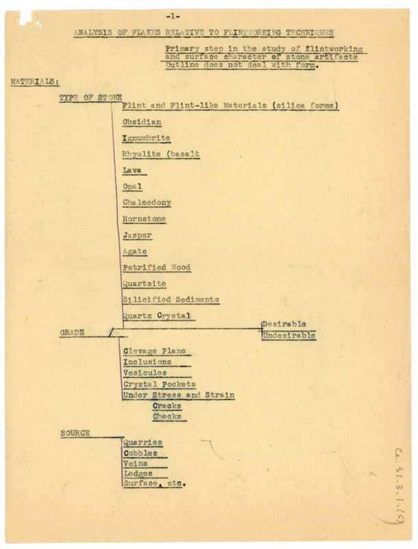 Outline for "Analysis of Flakes Relative to Flintworking Techniques," with handwritten notes. Associated with item numbers: ce_b31_f3-item2, ce_b31_f3-item3, and ce_b31_f3-item4.