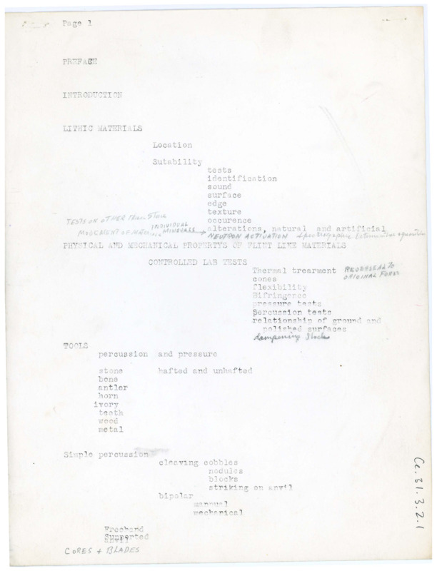 Outline for "Handbook of Experiments on Flaked Stone Tools," with handwritten notes. Associated with item numbers: ce_b31_f3-item1, ce_b31_f3-item3, and ce_b31_f3-item4.