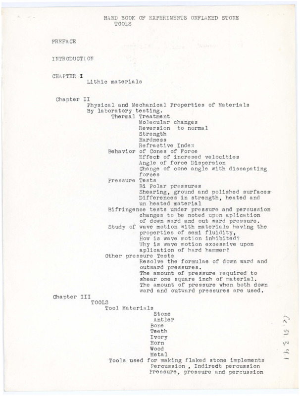 Outline for "Handbook of Experiments on Flaked Stone Tools," with handwritten notes. Associated with item numbers: ce_b31_f3-item1, ce_b31_f3-item2, and ce_b31_f3-item3.